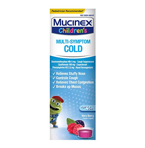 Mucinex Children's Multi-Symptom Cold Relief Liquid- Relieves Stuffy Nose, Chest Congestion, Cough & Mucus, Expectorant & Cough Suppressant With Dextromethorphan, Guaifenesin, Phenylephrine, 4 oz.