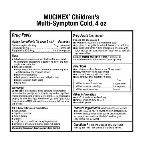 Mucinex Children's Multi-Symptom Cold Relief Liquid- Relieves Stuffy Nose, Chest Congestion, Cough & Mucus, Expectorant & Cough Suppressant With Dextromethorphan, Guaifenesin, Phenylephrine, 4 oz.