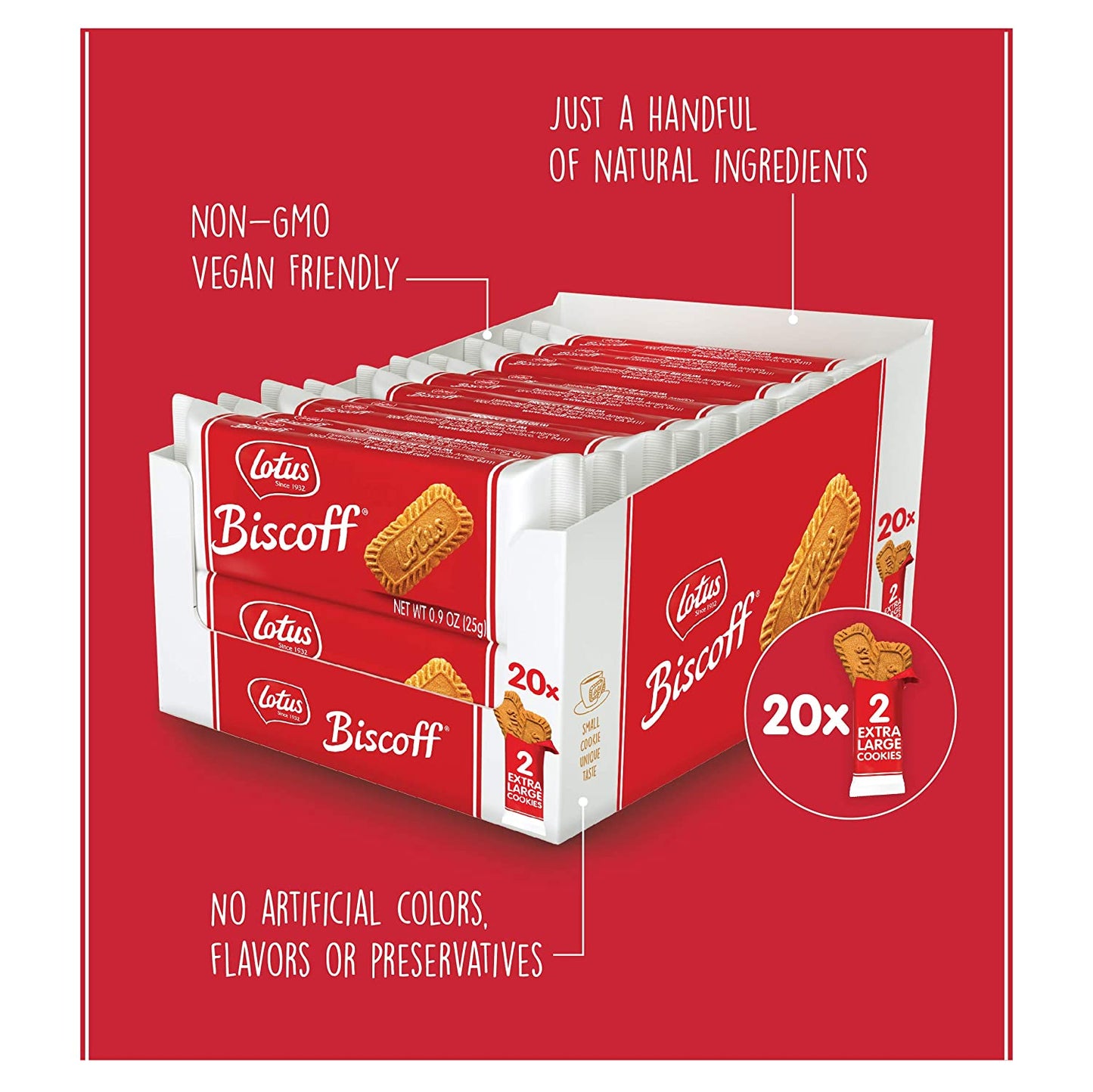 Lotus Biscoff Cookies Caramelized Biscuit Cookies 40 Cookies (20 Large Two-Packs) Vegan, 0.9 Ounce (Pack of 20)
